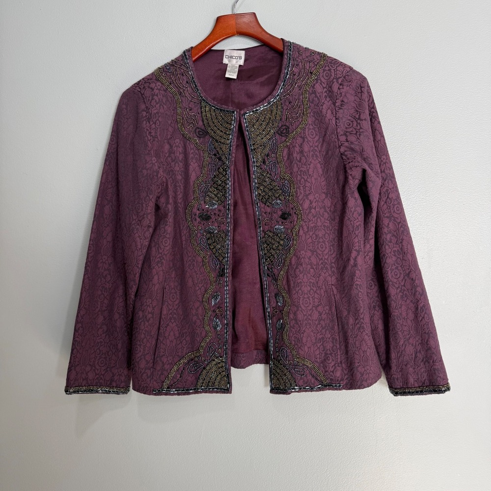Chicos Purple Beaded Damask Open Front Jacket Size 0 XS S Ornate Evening Blazer‎